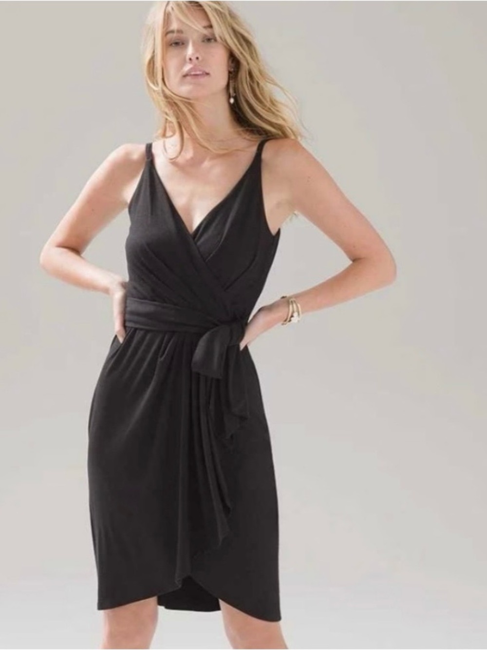 White House Black Market Black V-Neck Faux-Wrap Dress with Tie Size 12
